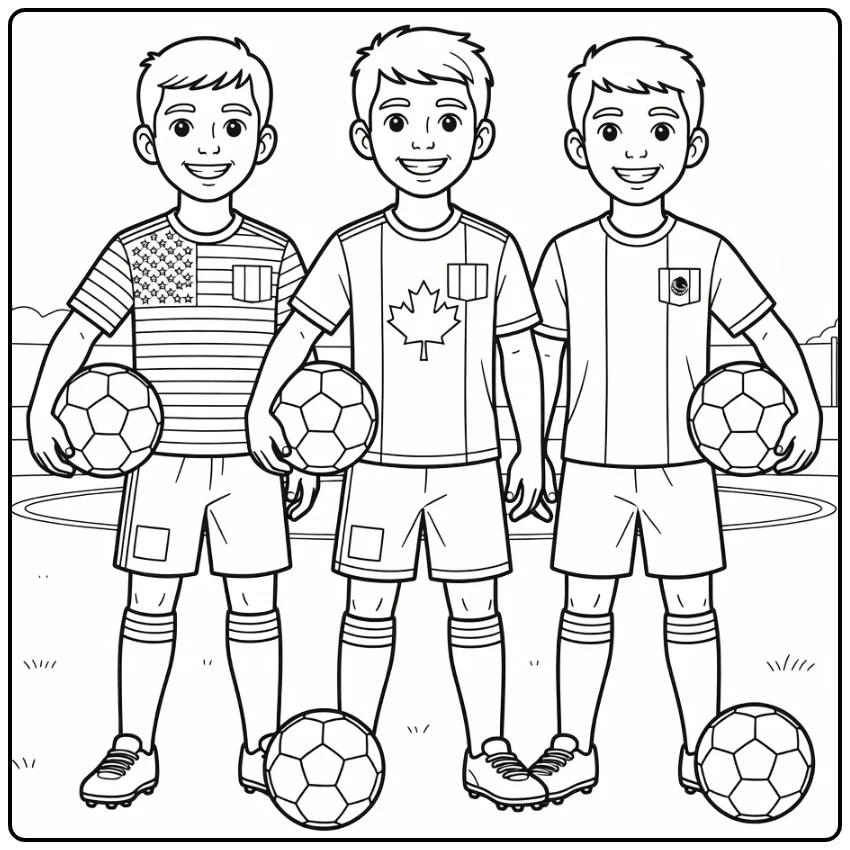 kleurplaat voetbal wk 2026 drie jonge voetballers met ballen