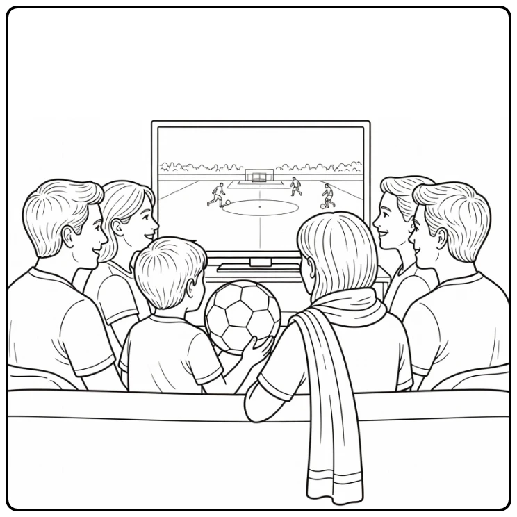 kleurplaat voetbal wk 2026 met gezin op bank voor tv