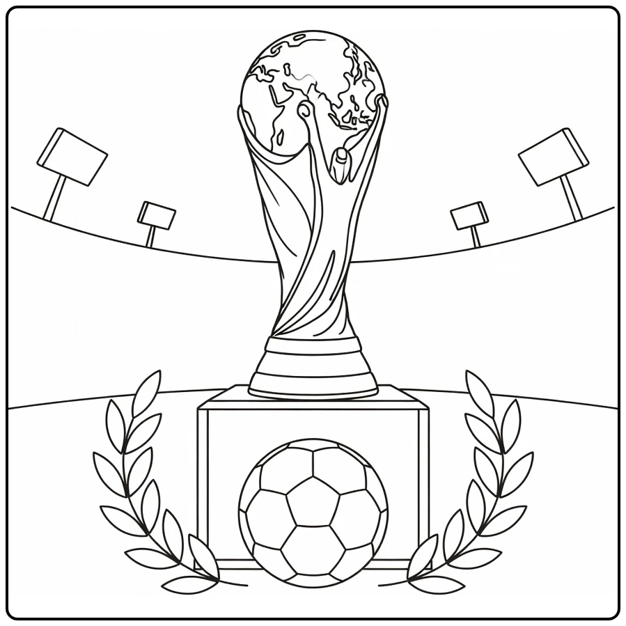 kleurplaat voetbal wk 2026 met WK trofee en bal