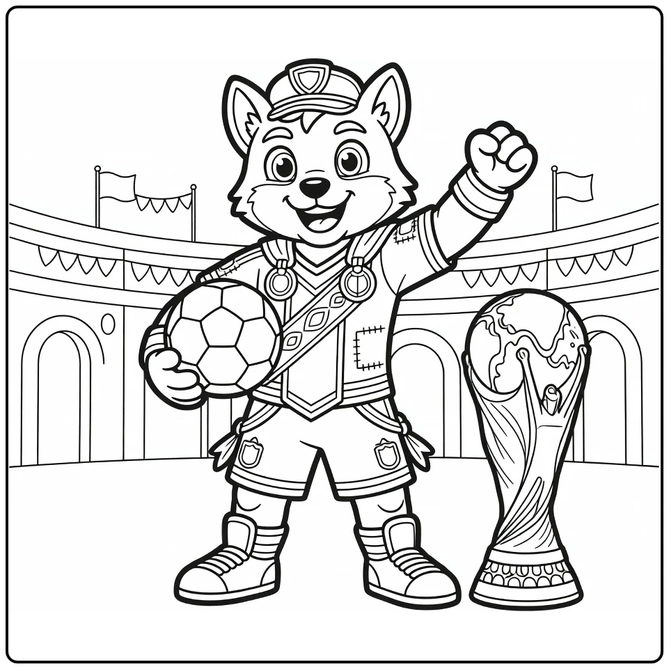 Kleurplaat voetbal wk met mascotte naast trofee en bal