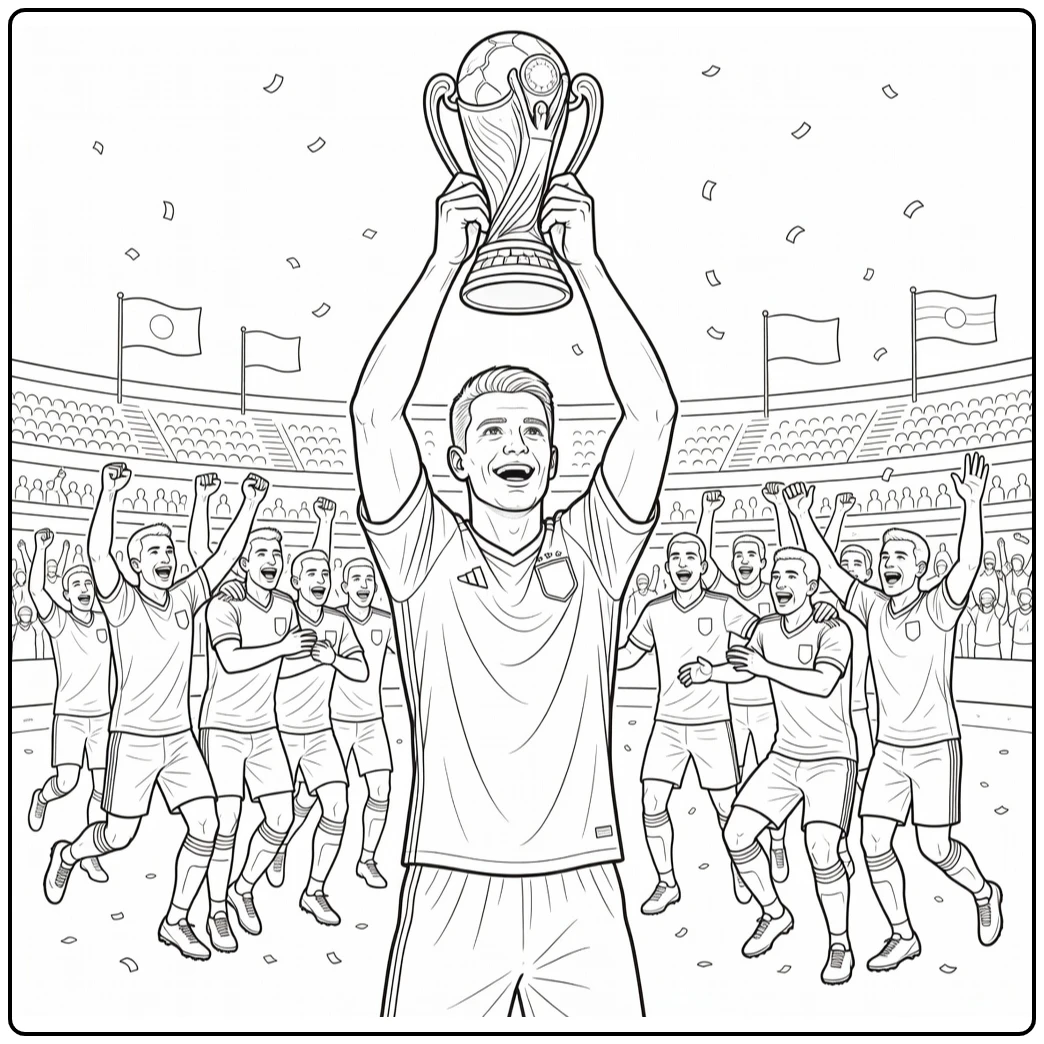 kleurplaat voetbal wk van captain die trofee tilt