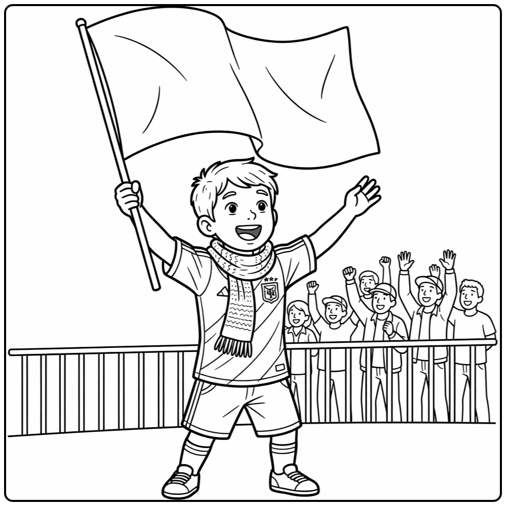 kleurplaat voetbal wk kind met vlag juichend in stadion