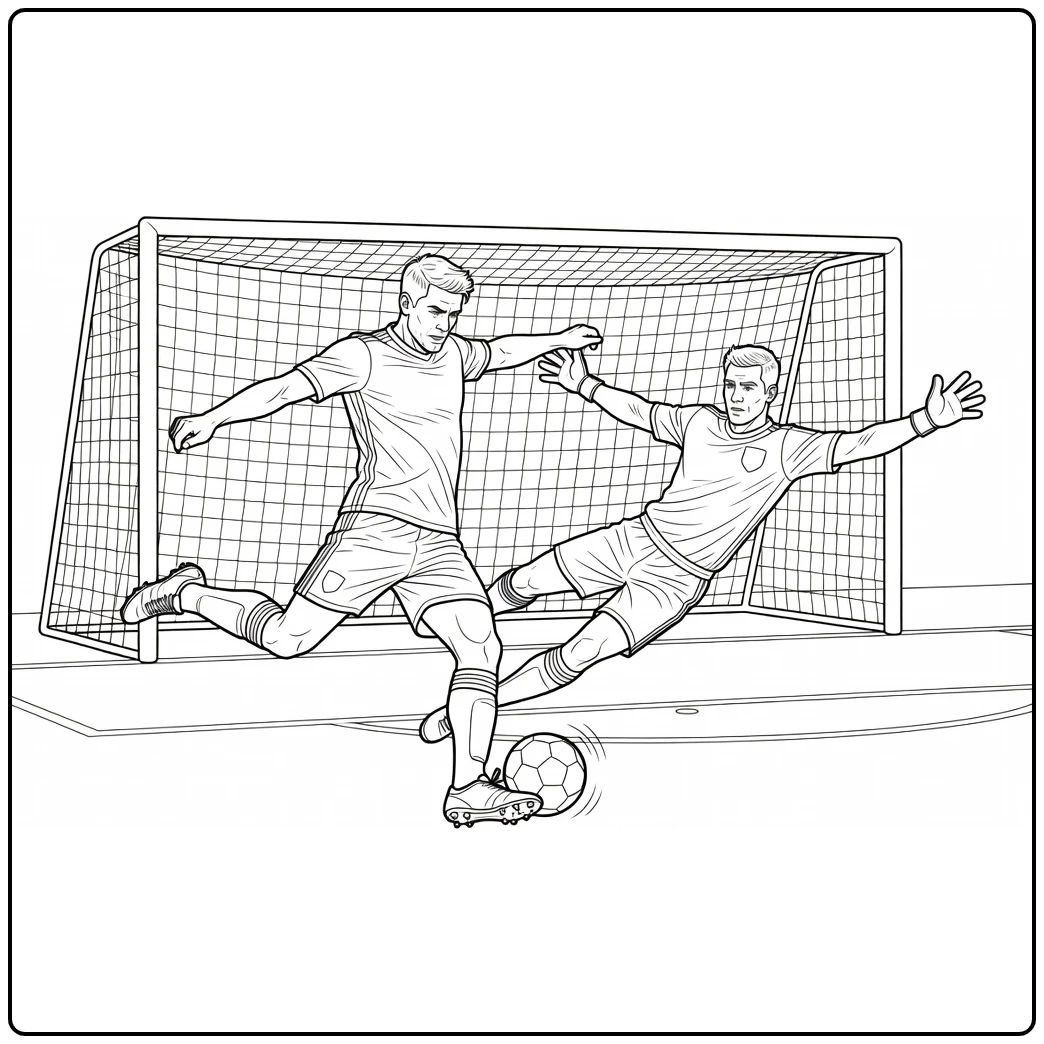 kleurplaat voetbal wk met aanvaller die schiet op doel