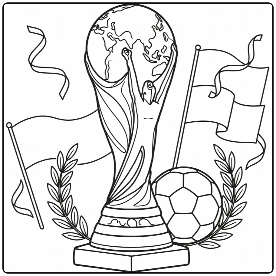 kleurplaat voetbal wk van WK-trofee met bal en lauwers