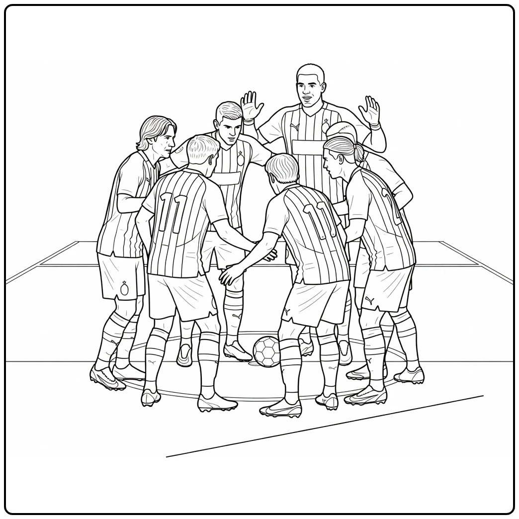 kleurplaat voetbalclubs AC Milan in team huddle