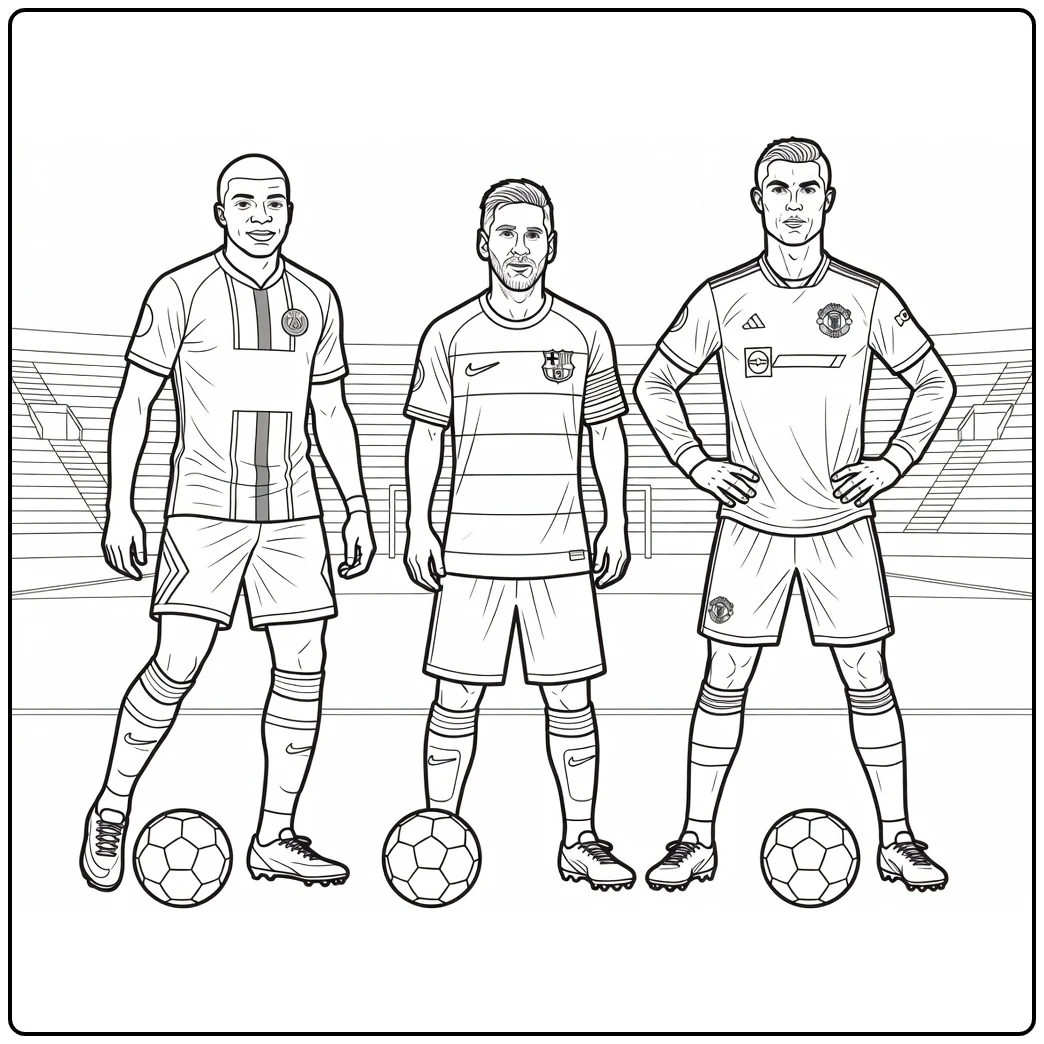 Kleurplaat voetbalclubs met drie spelers naast elkaar