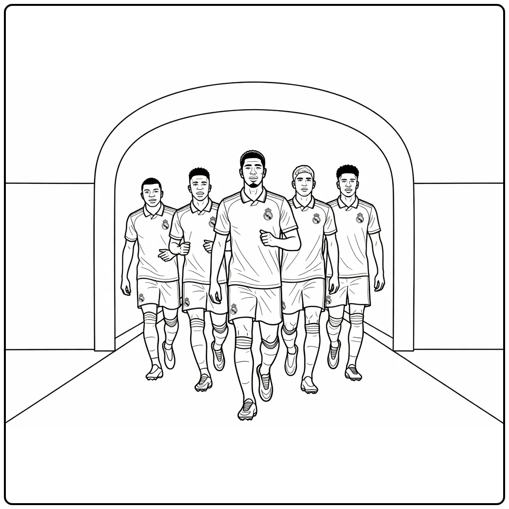 kleurplaat voetbalclubs Real Madrid spelers uit stadion tunnel