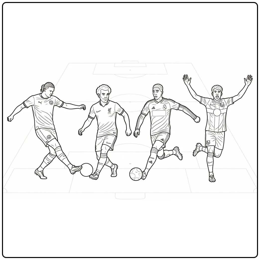 kleurplaat voetbalclubs met vier spelers in actie