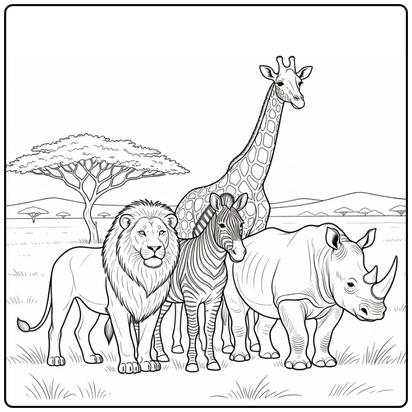 kleurplaat wilde dieren leeuw zebra giraffe neushoorn savanne