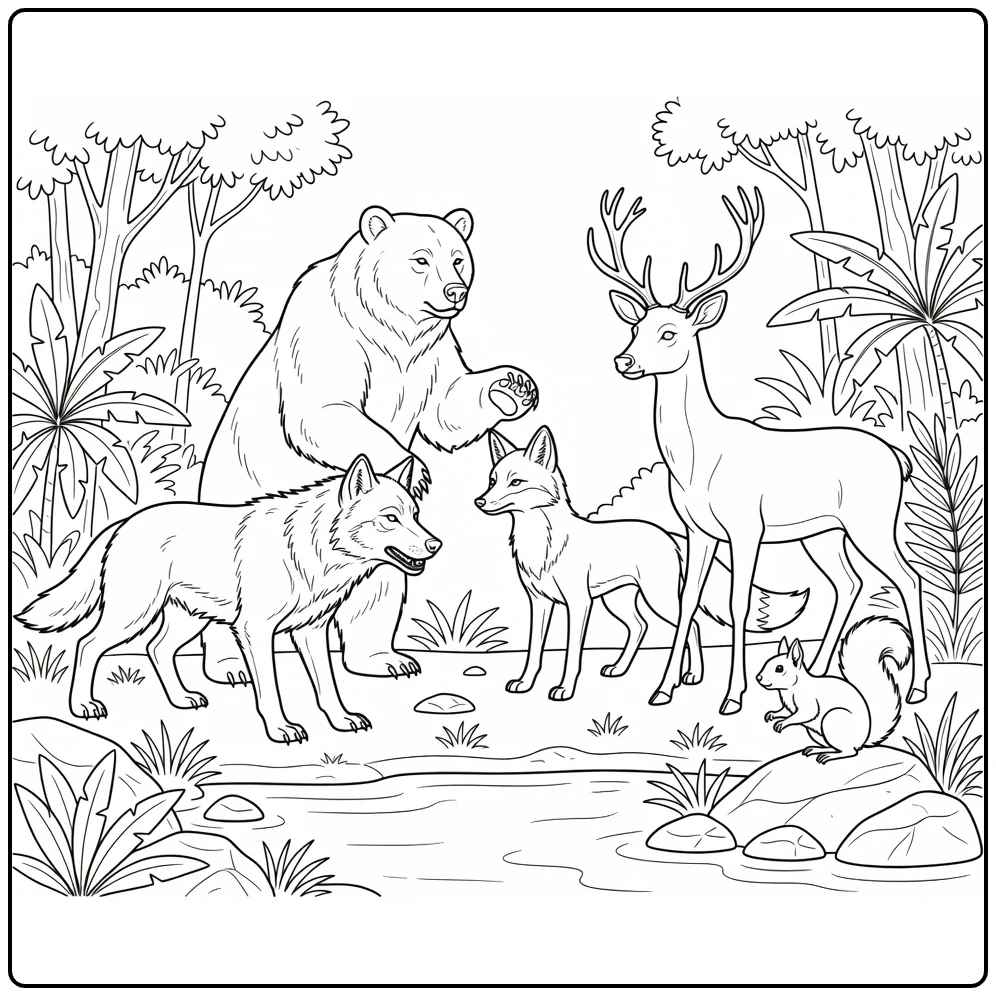 kleurplaat wilde dieren met tijger en gorilla in jungle