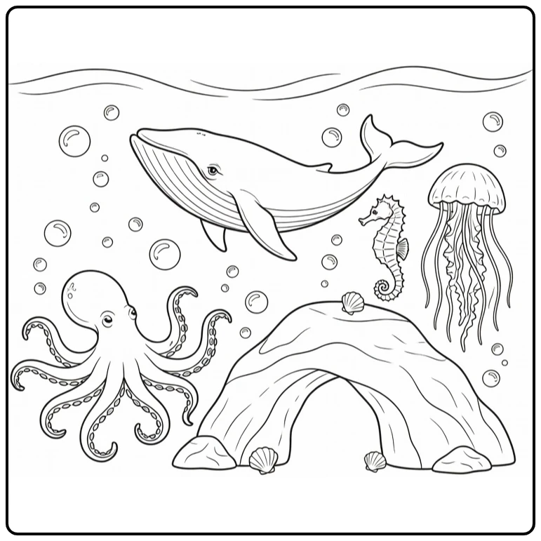 Kleurplaat zeedieren met walvis octopus zeepaardje en kwal