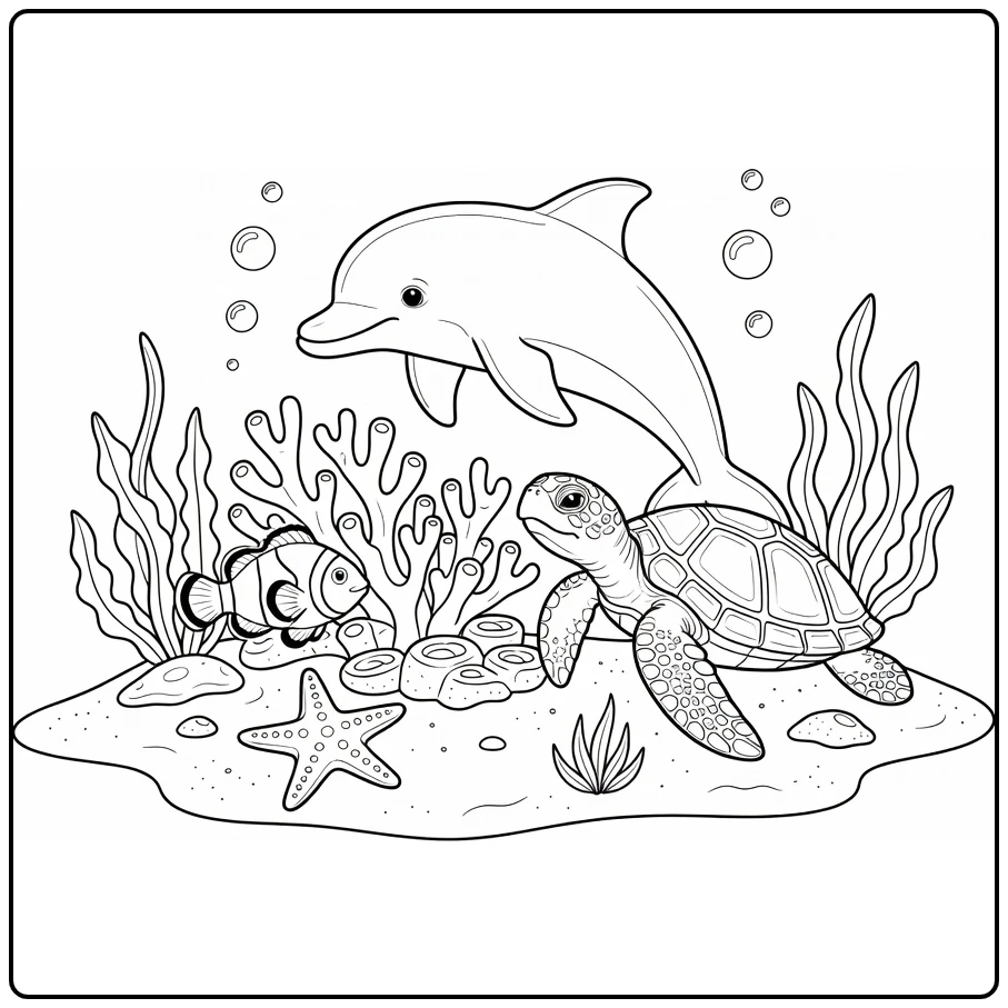 kleurplaat zeedieren dolfijn schildpad clownvis zeester