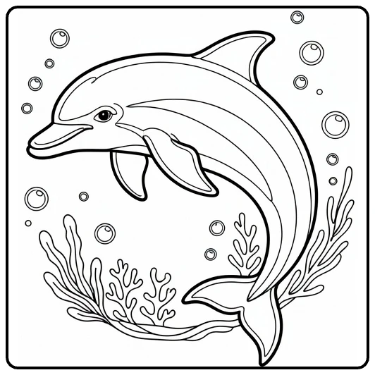 kleurplaat zeedieren met dolfijn in cirkel onder water