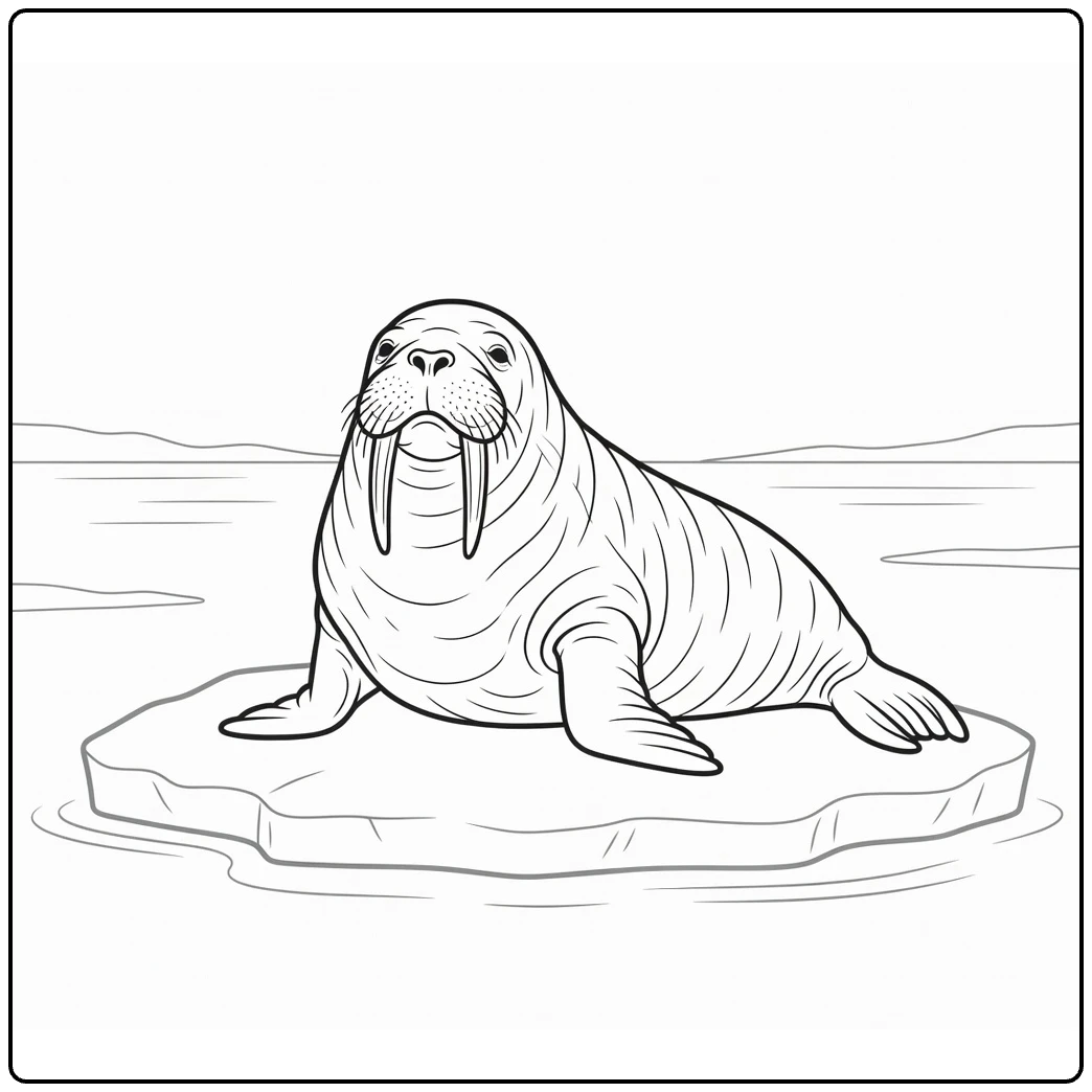 kleurplaat zeedieren walrus op drijvend ijs met slagtanden