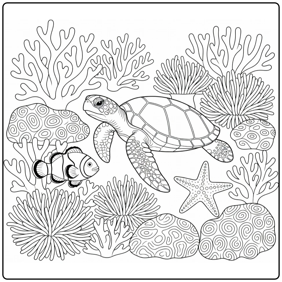 kleurplaat zeedieren met schildpad clownvis en zeester