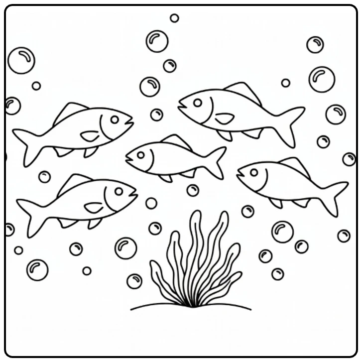 kleurplaat zeedieren met drie vissen en bubbels