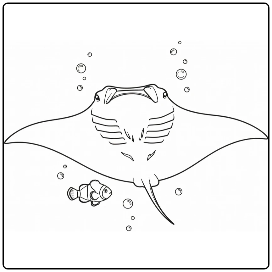 Kleurplaat zeedieren met manta ray en visje in open water