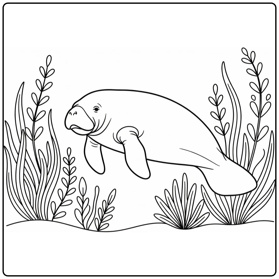 kleurplaat zeedieren met zeekoe bij onderwaterplanten