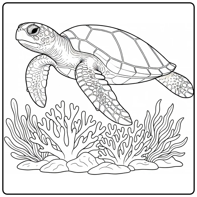 Kleurplaat zeedieren met zeeschildpad over koraal