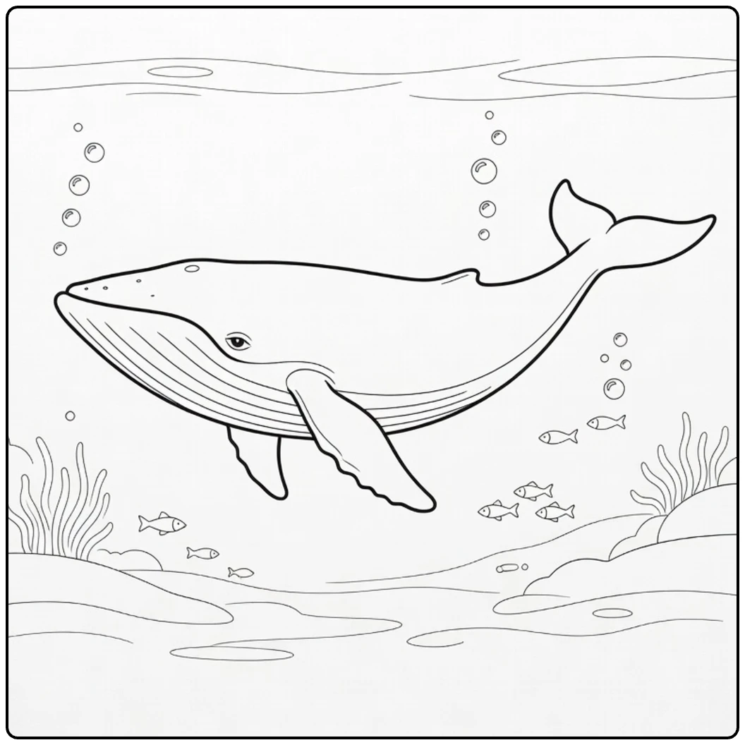 kleurplaat zeedieren met grote walvis en kleine vissen