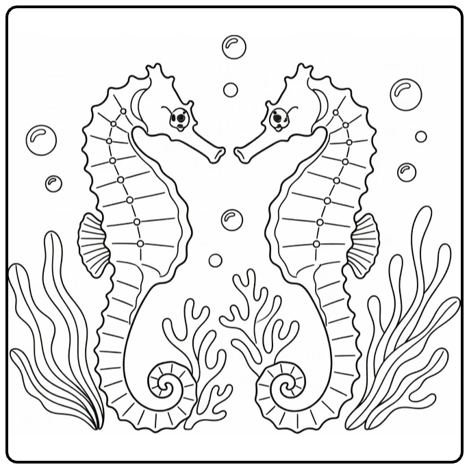 kleurplaat zeedieren van twee zeepaardjes met opgerolde staarten