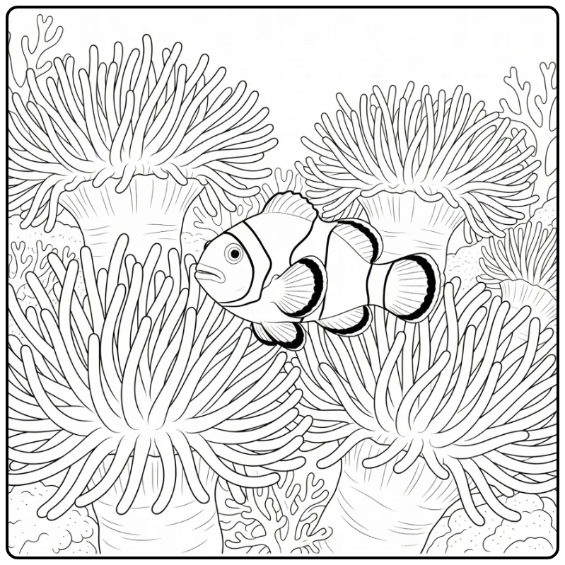 kleurplaat zomer clownvis tussen anemonen