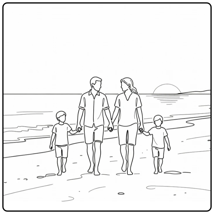 kleurplaat zomer familie wandelend op strand bij zonsondergang