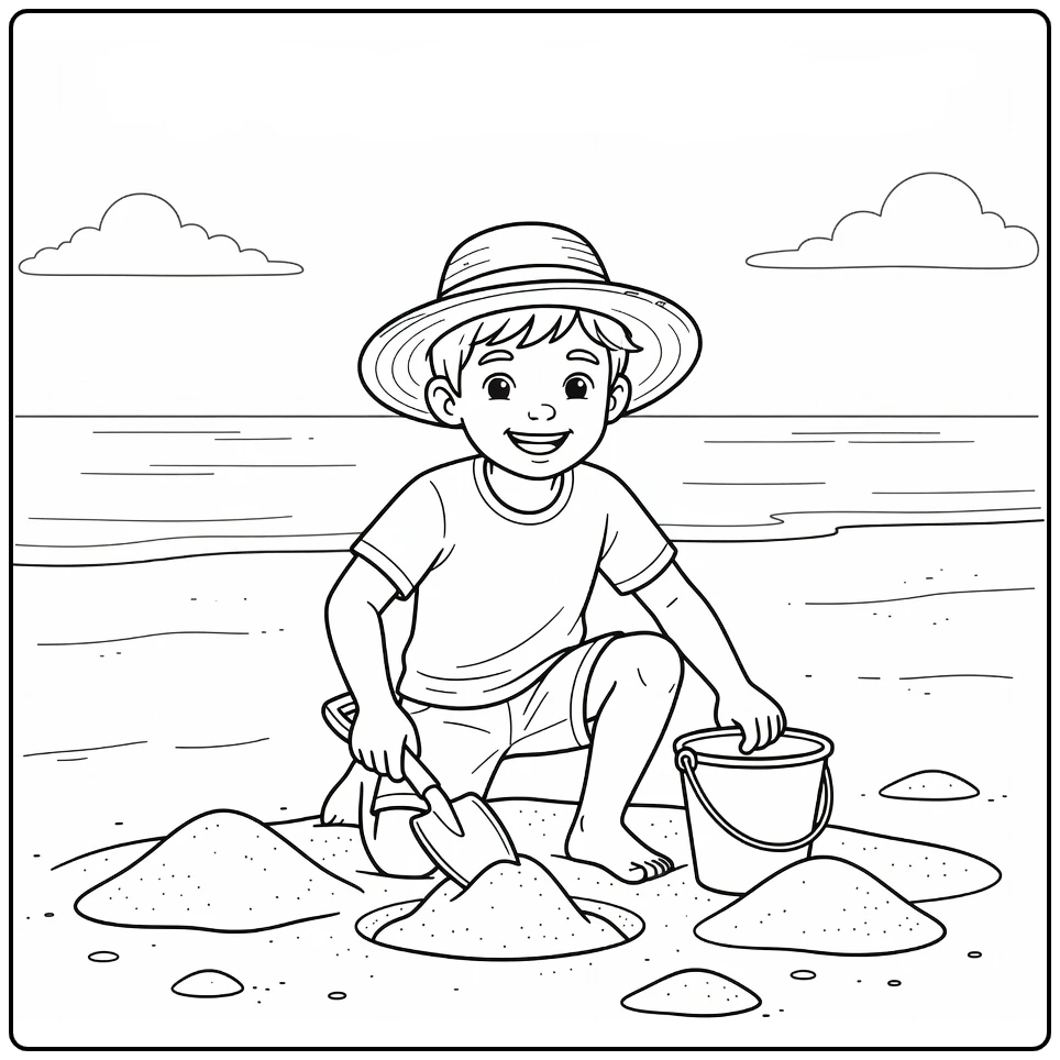 kleurplaat zomer met jongen en hoed op strand
