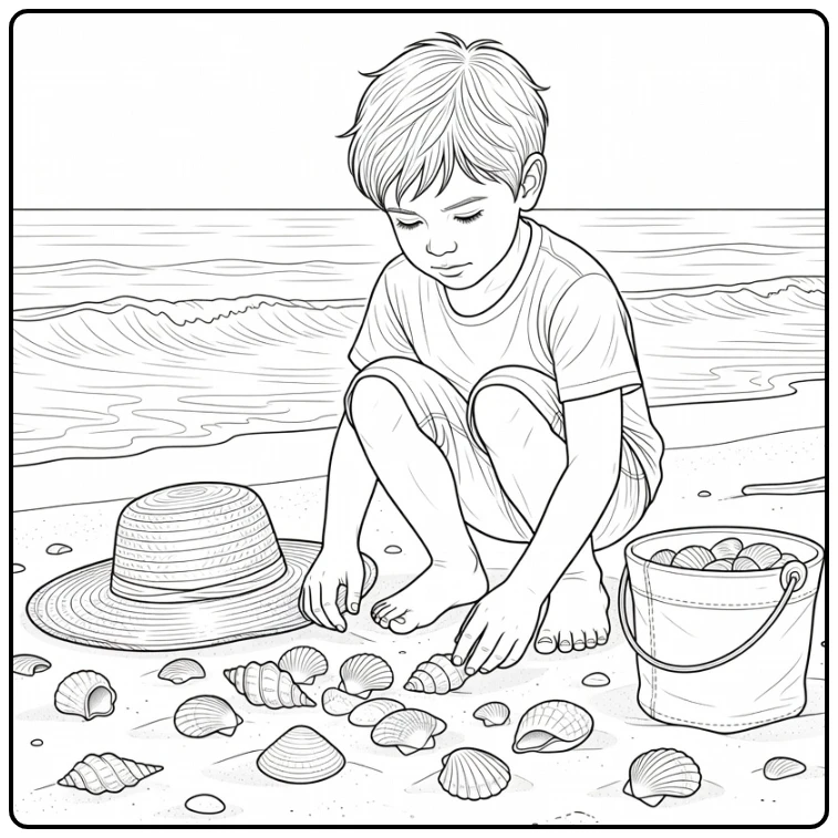 Kleurplaat zomer met kind schelpen zoekend aan water