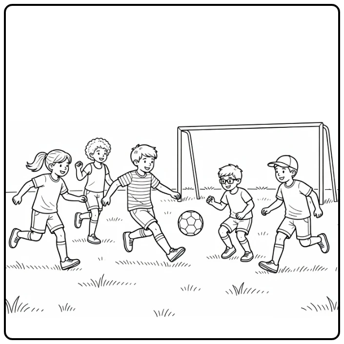 Kleurplaat zomer met kids die voetballen op gras