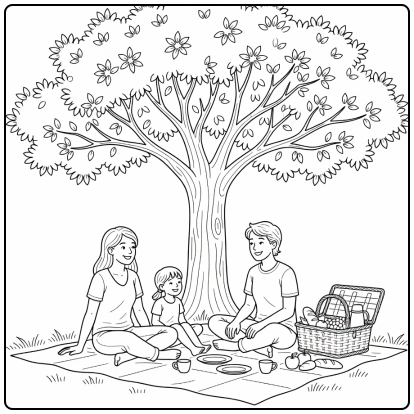 Kleurplaat zomer familie picknick onder boom