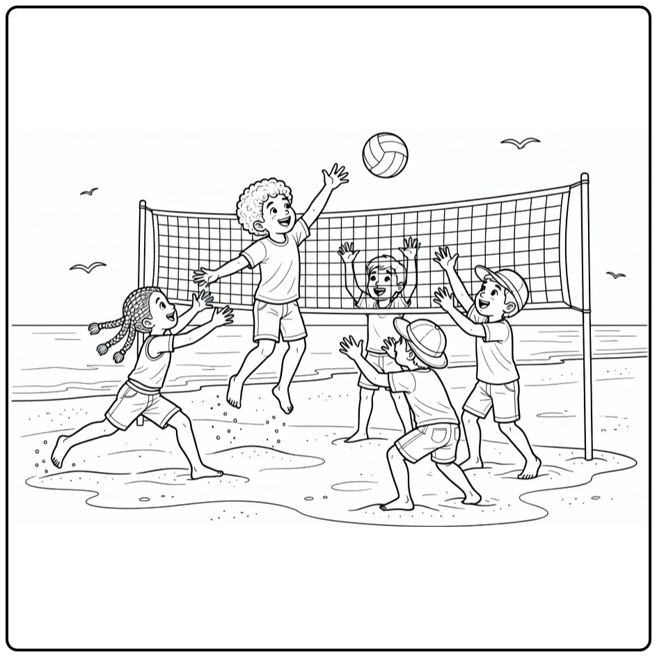kleurplaat zomer kinderen strandvolleybal spelen