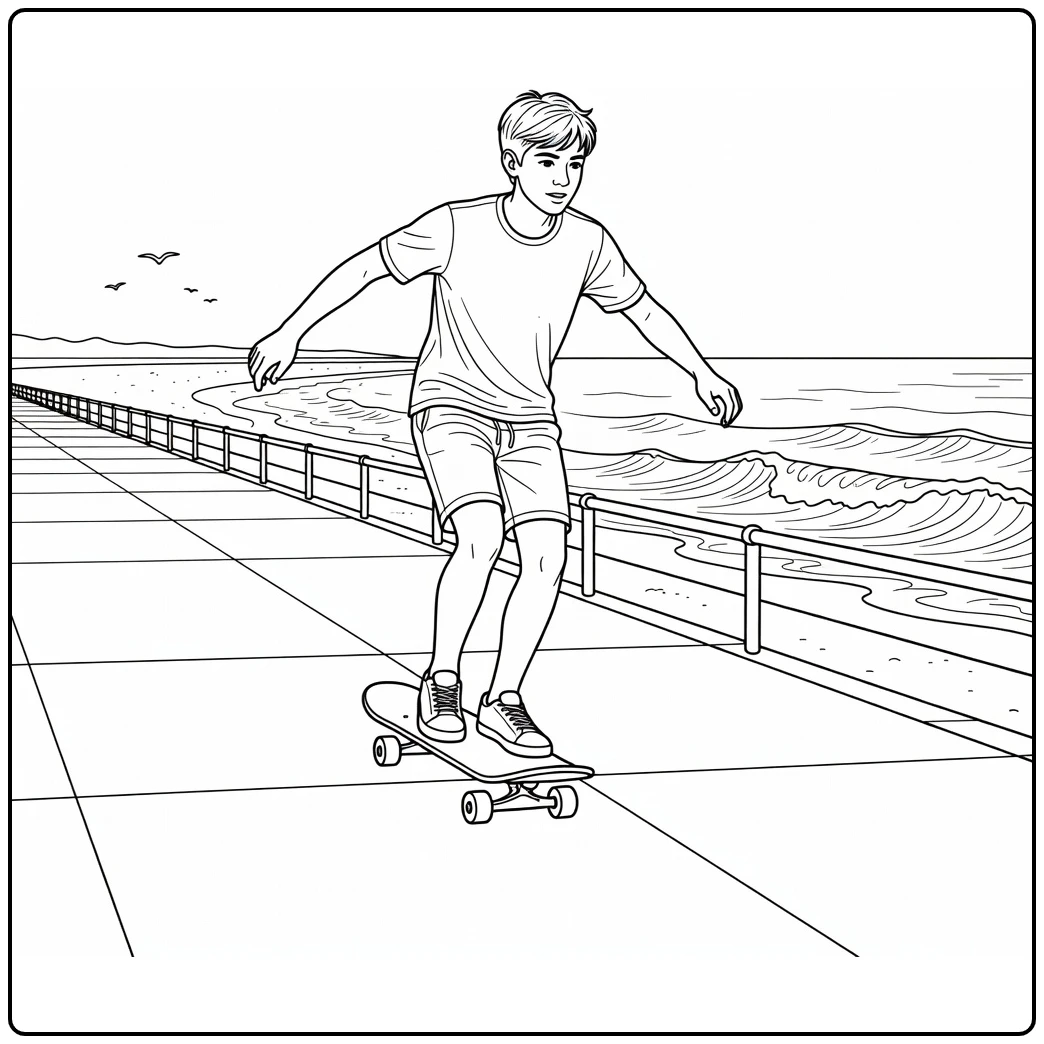 Kleurplaat zomer tiener skateboard aan zee promenade