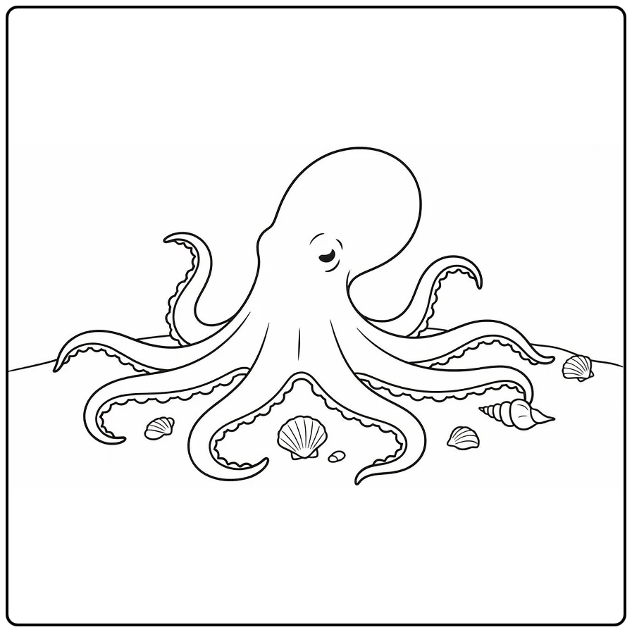 Kleurplaat zomer van octopus op zeebodem met schelpen