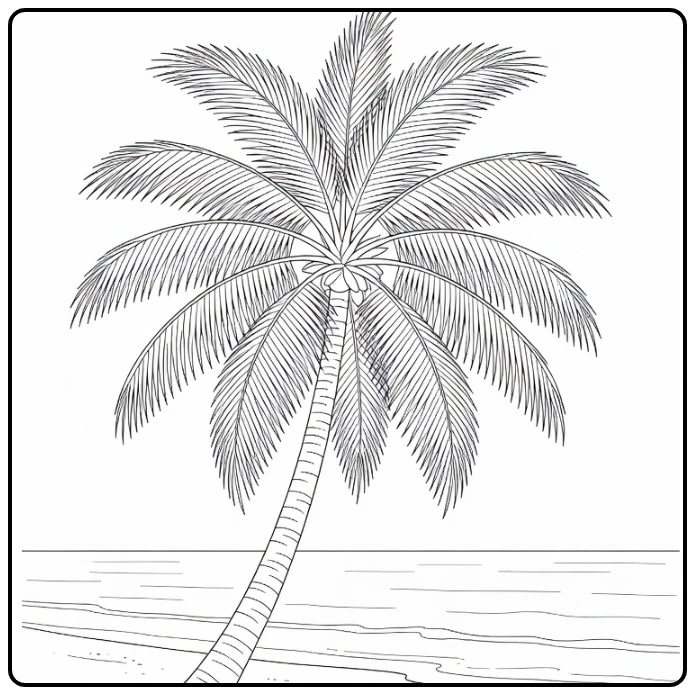 Kleurplaat zomer met palmboom naast de kust