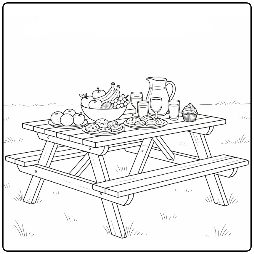 Kleurplaat zomer met picknicktafel vol fruit en sap