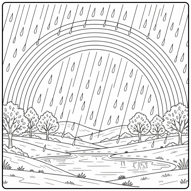 Kleurplaat zomer met regenbui en regenboog over landschap
