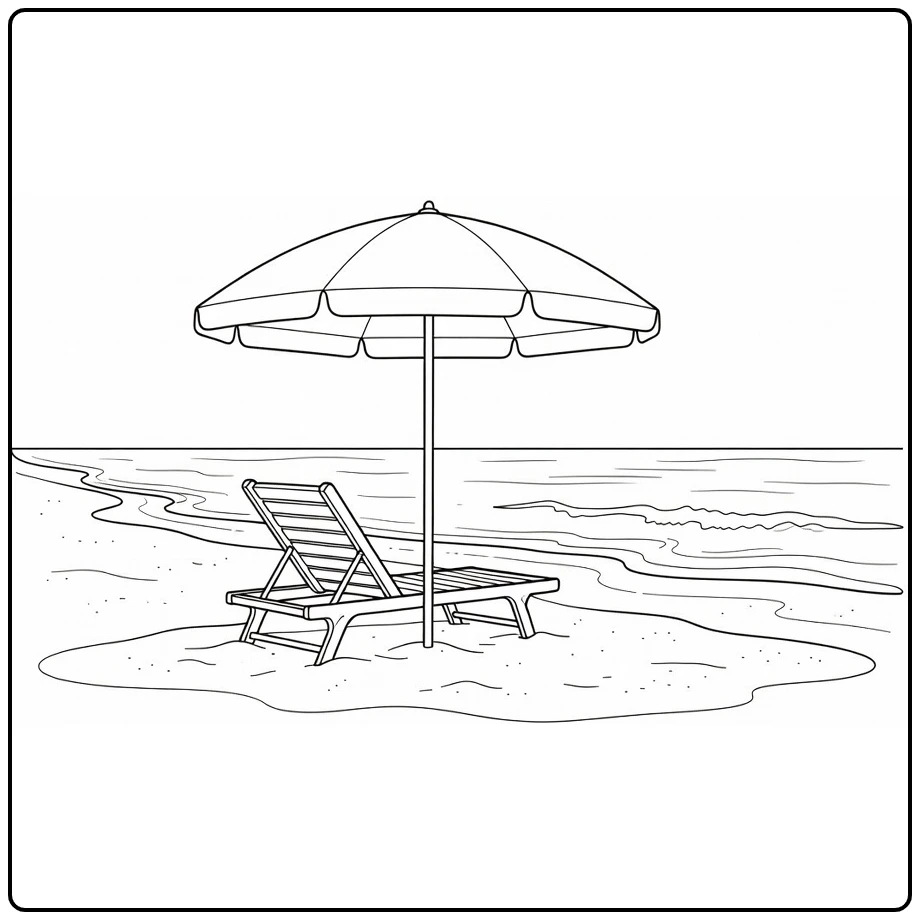 Kleurplaat zomer met parasol en ligstoel op het strand