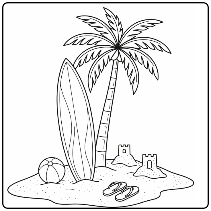 Kleurplaat zomer met surfplank en palmboom
