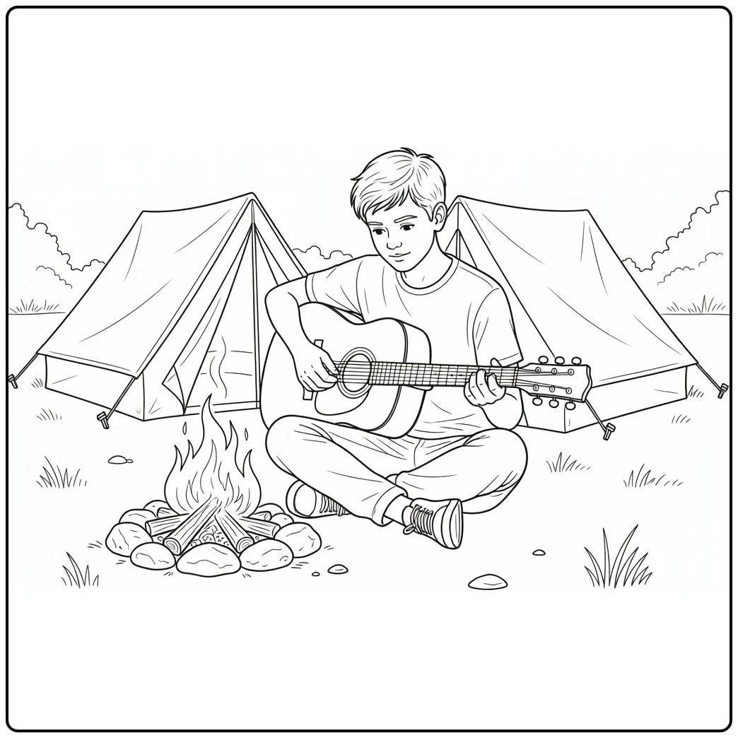 kleurplaat zomer tienerjongen gitaar bij kampvuur