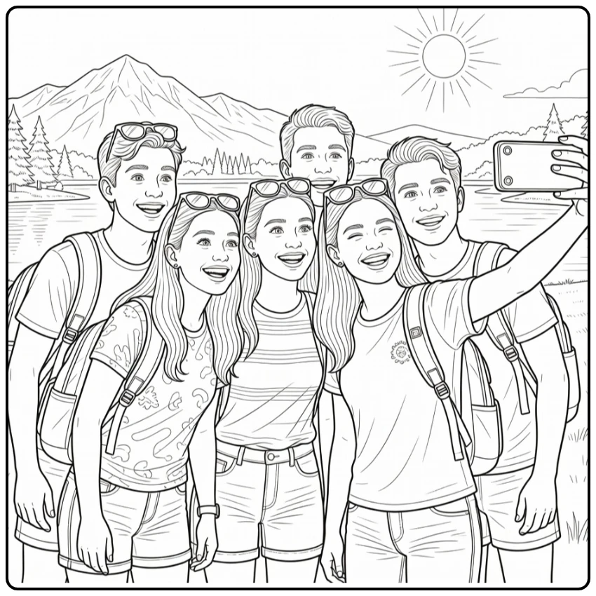 kleurplaat zomer van tieners selfie op trip