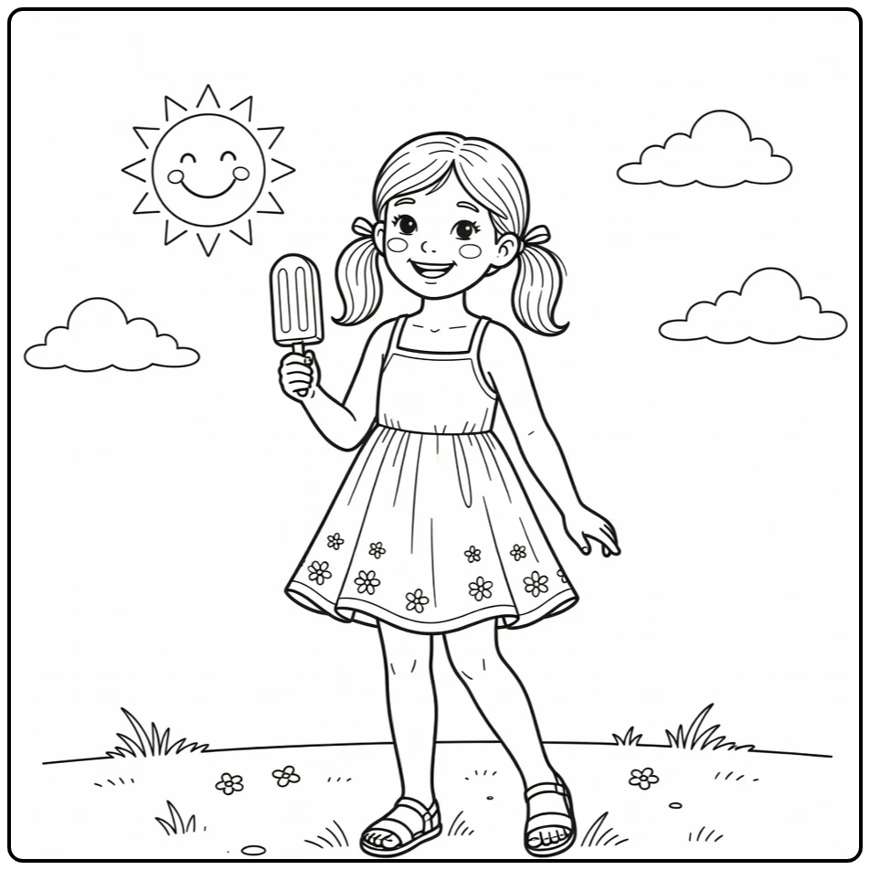 Kleurplaat zomer met meisje en popsicle op warme dag
