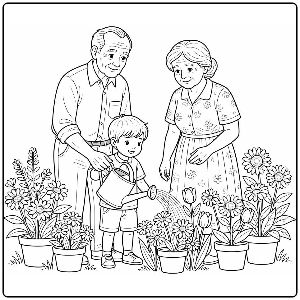 kleurplaat zomer met grootouders en kind in de tuin