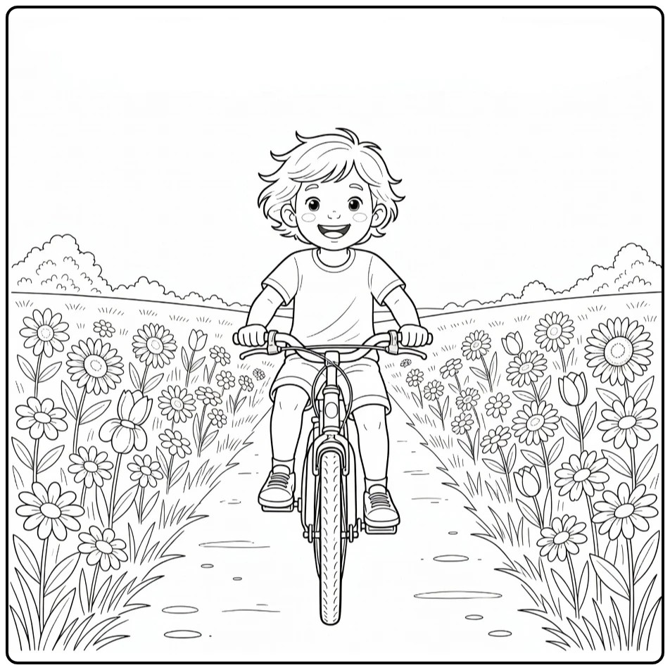 Kleurplaat zomer met kind op fiets langs bloemenpad