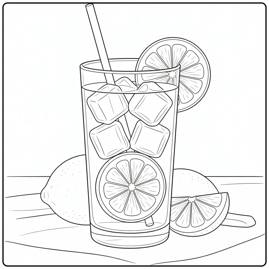 Kleurplaat zomer met koud glas limonade en citroen