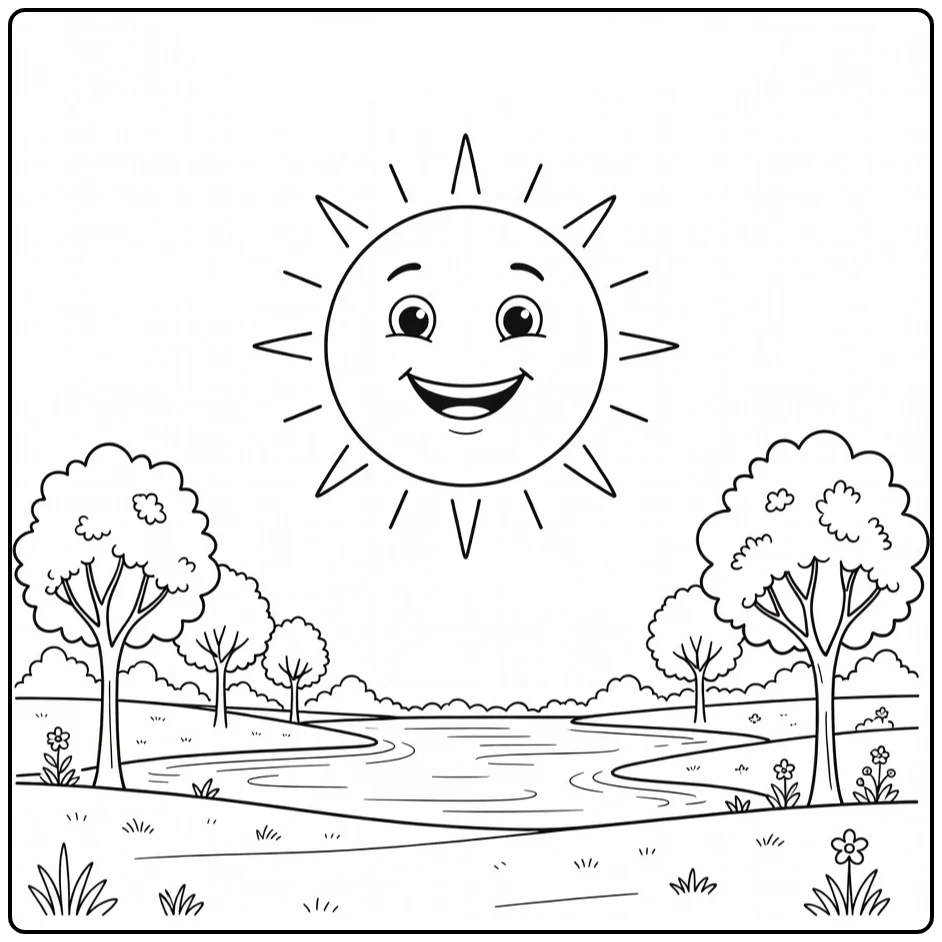 Kleurplaat zomer met lachende zon in heldere lucht