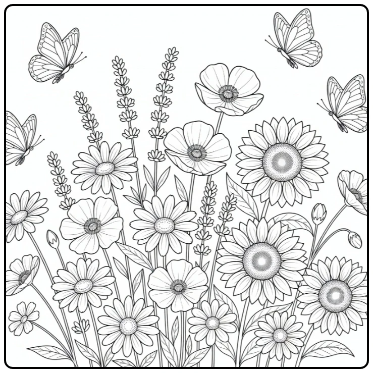 Kleurplaat zomer met vlinders rond bloeiende bloemen