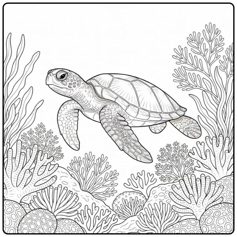 kleurplaat zomer zeeschildpad bij koraalriffen
