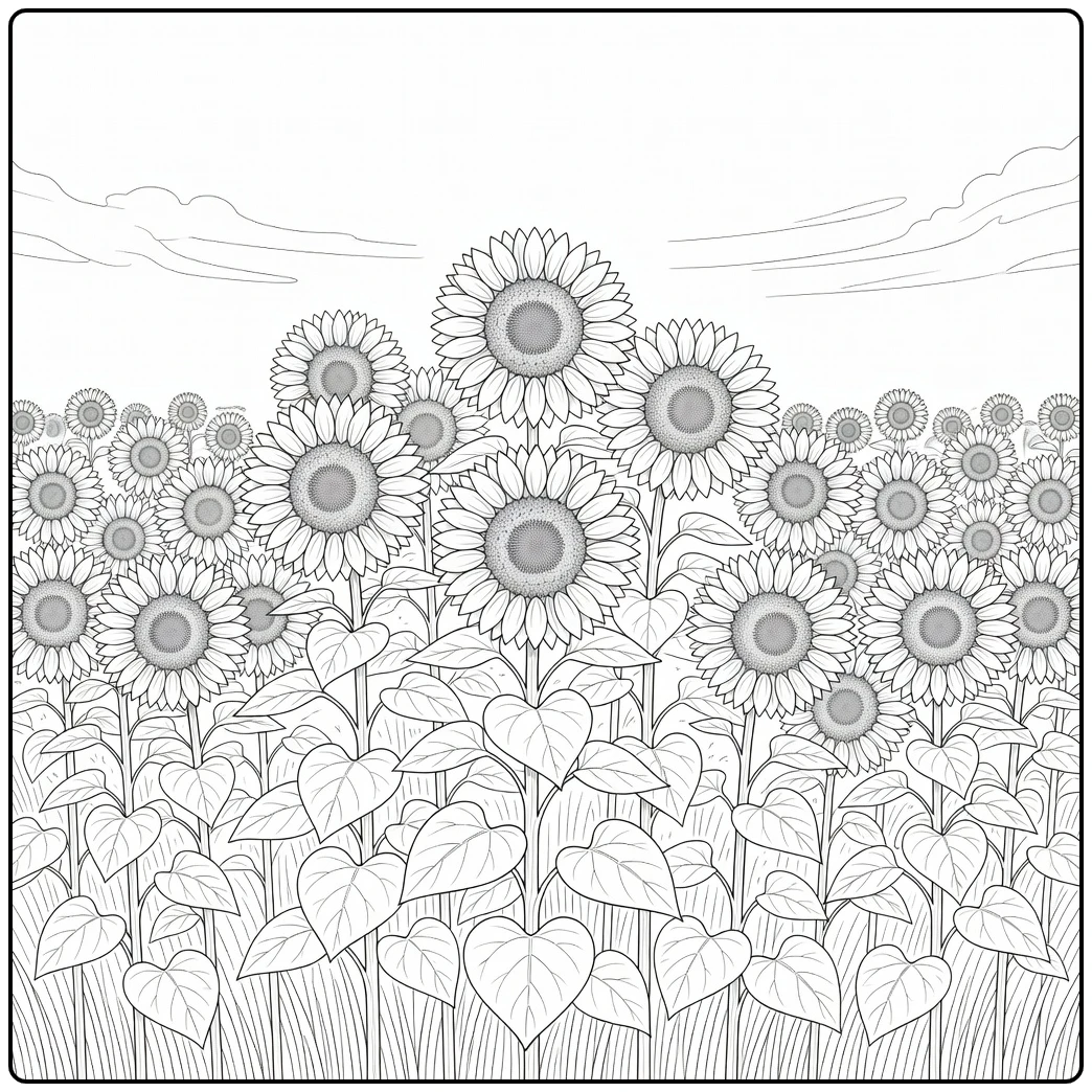 kleurplaat zomer met bloeiende zonnebloemen in veld