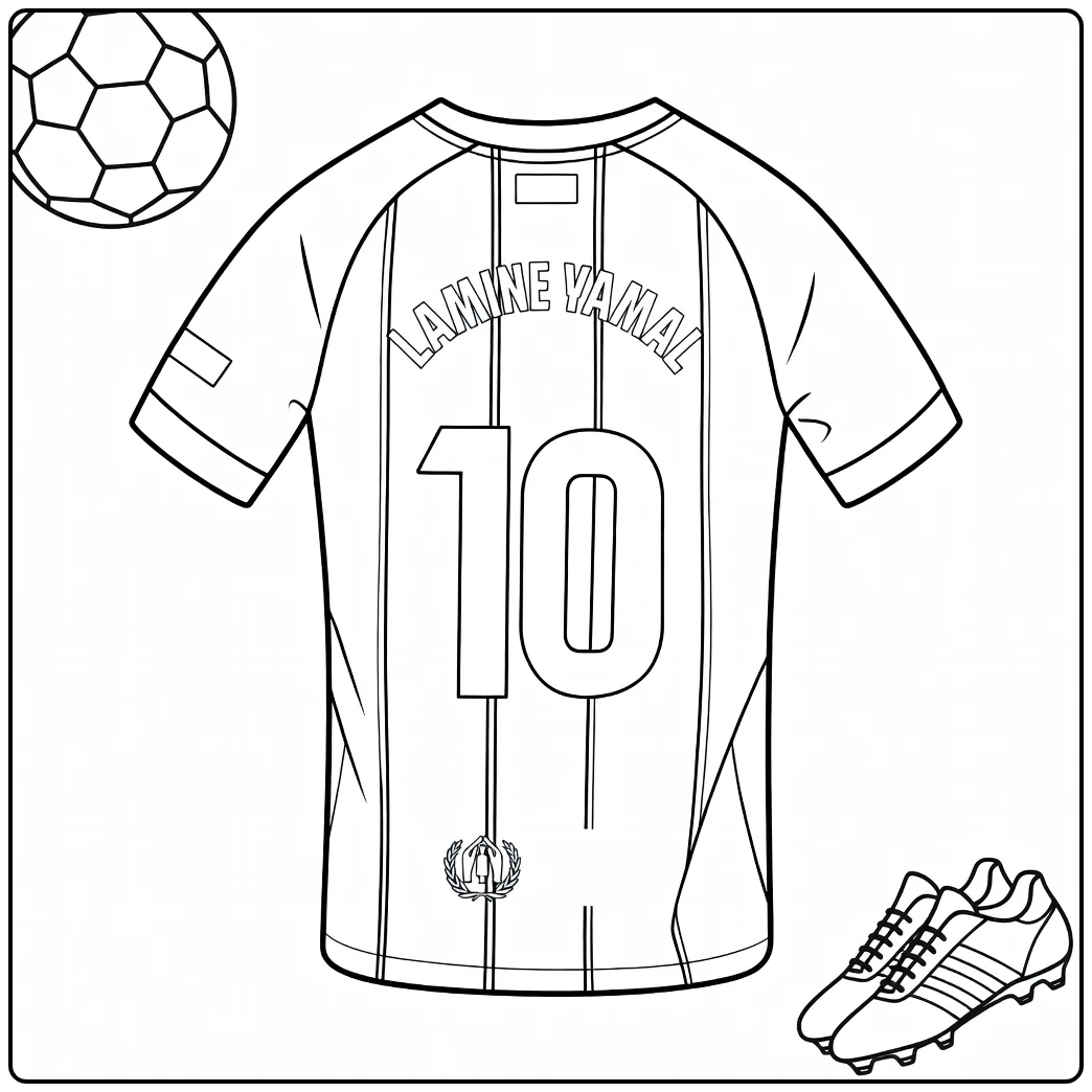 lamine yamal shirt kleurplaat met voetbal en voetbalschoenen
